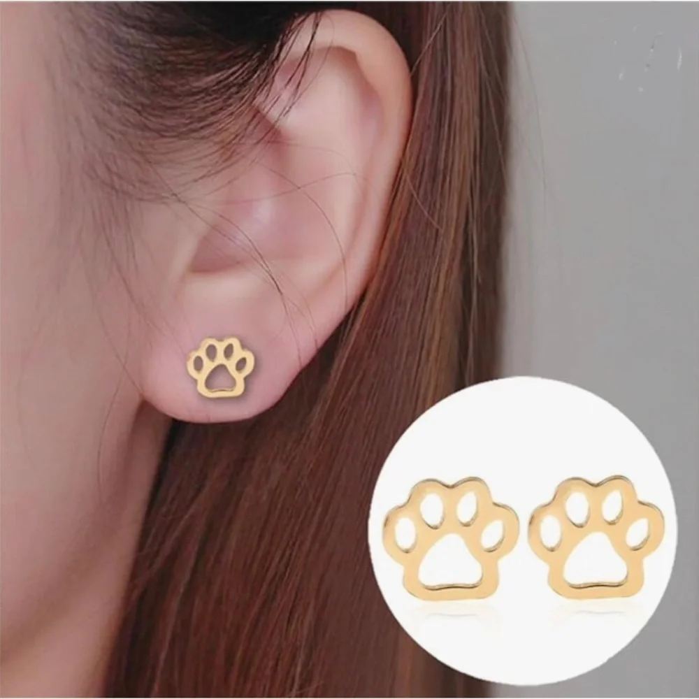 Paw Print Cut Out Stainless Steel Fashion Stud Earrings, GOLD